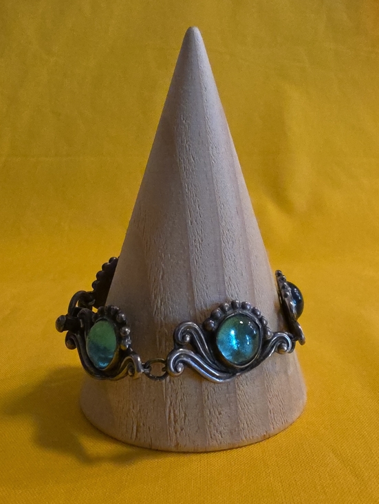 Topez Taxco Jewelry - Vintage Mid-Century Mexican Silver Bracelet ▪︎ Blue & Green Glass Cabochons